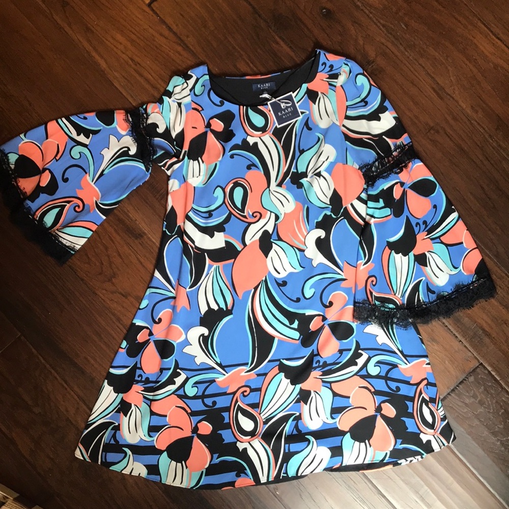 KAARI BLUE blue floral bell sleeve dress NWT